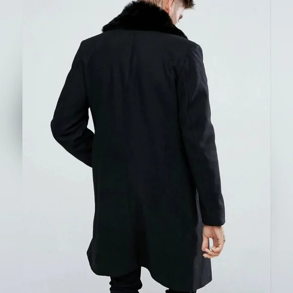 boohooMAN Double Breasted Wool Overcoat With Faux Fur Trim In Black